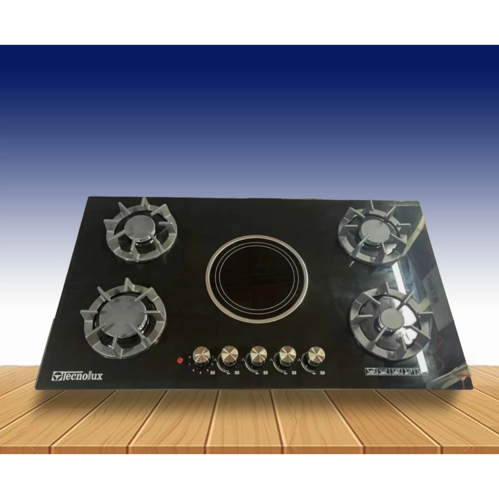 Plaque Technolux encastrable 5 feux 90×60 4F a gaz et 1F ELECTRIQUE noir
