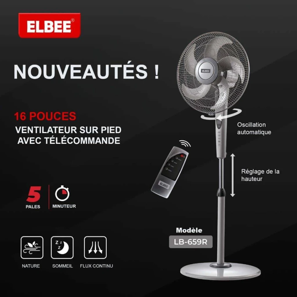 Ventilateur sur pied ELBEE 16″ avec télécommande – Nouveauté LB659